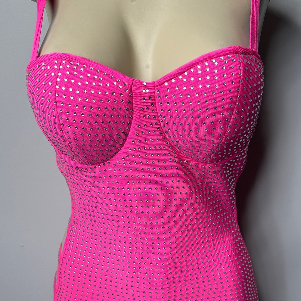 AKIRA Hot Pink Studded Cutout Bodycon Mini Dress - Picture 2 of 10